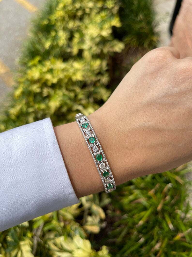 3.50tcw 18K White Gold Emerald & Diamond Cuff Bracelet Round Cut Stones - JR Colombian Emeralds