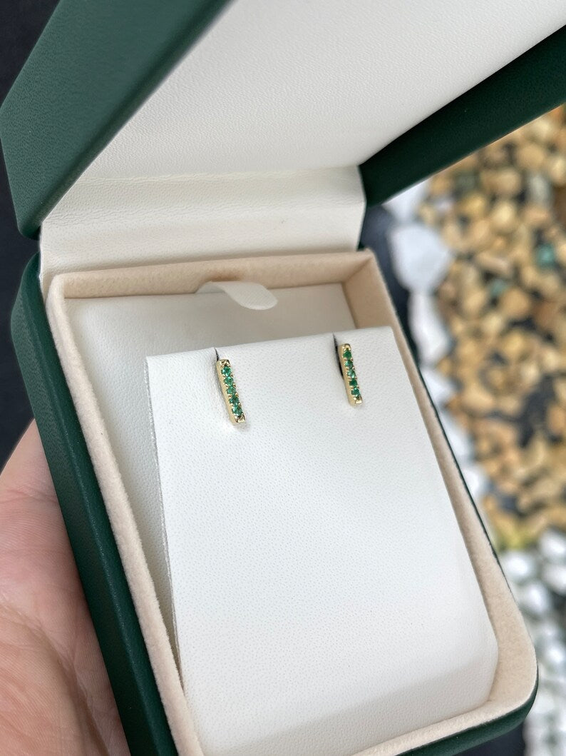 Vivid green natural emerald French set stacking earlobe bar earrings in 14K yellow gold, 0.20 carats from Colombian Emerald.