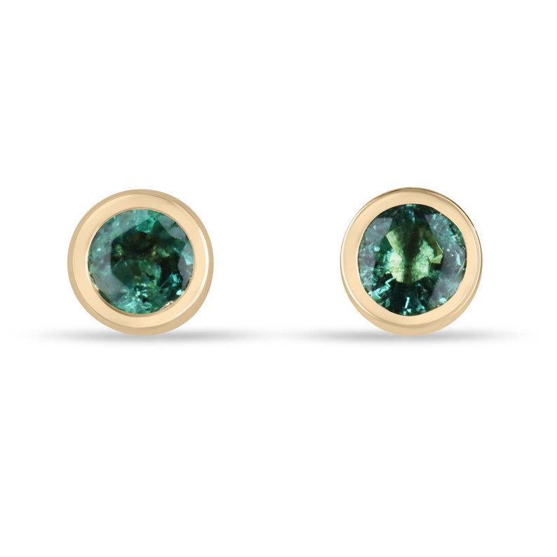 0.50tcw natural lush medium green round cut emerald bezel set 14K gold stud earrings