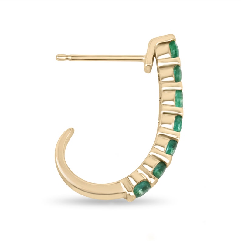 14K yellow gold Colombian Emerald half J-hoop earrings with natural round emeralds, totaling 0.75 carats.