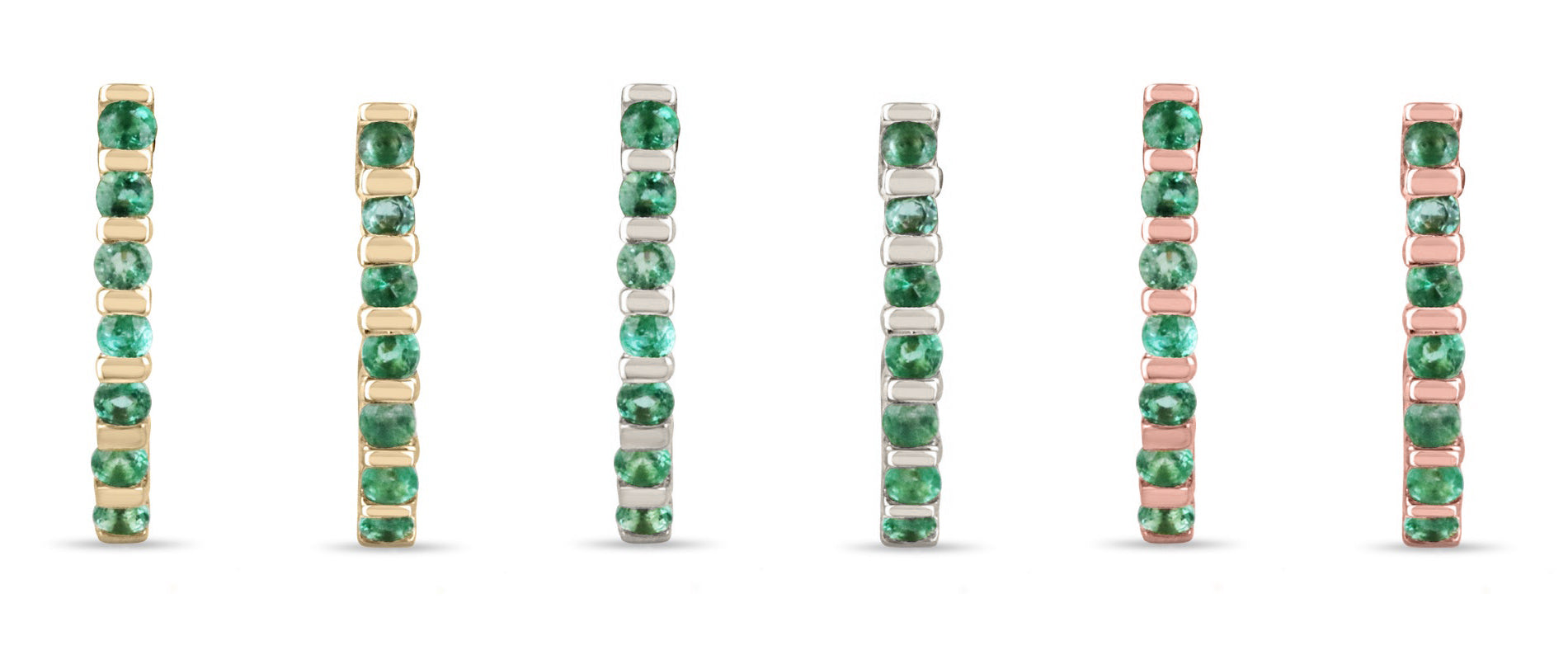 Natural round emerald half J-hoop earrings in 14K gold with 0.75tcw of vibrant Colombian emeralds.