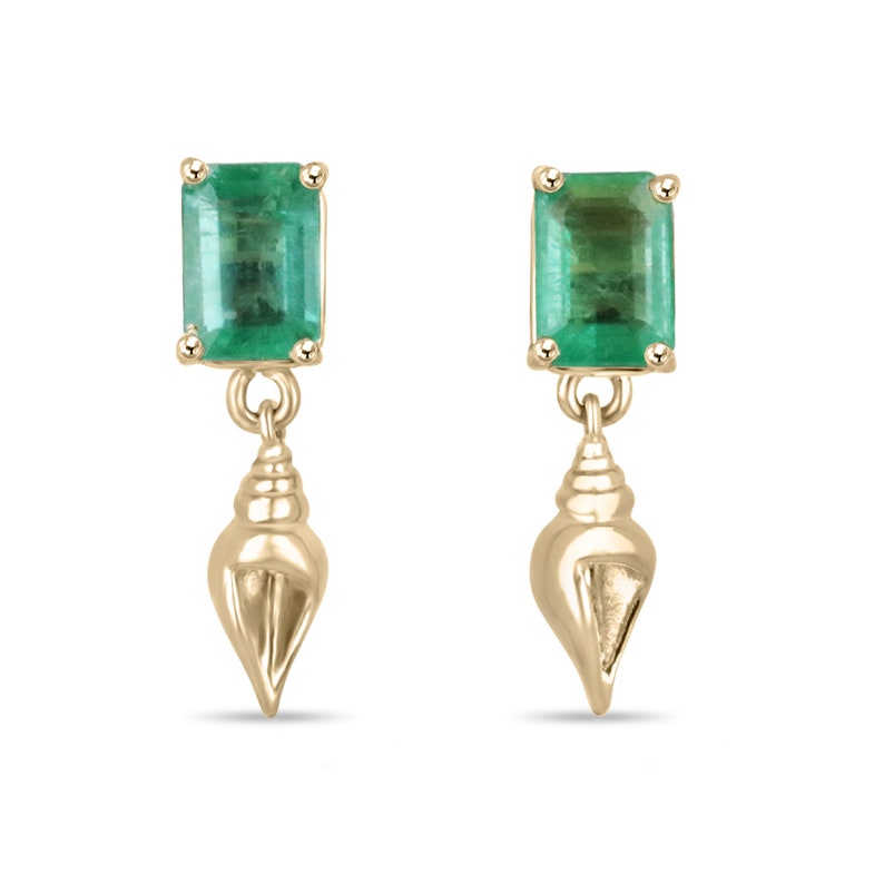 Colombian Emerald 14K gold dangle earrings with natural emeralds and sea shell accents, featuring 1.80 tcw gemstone weight.
