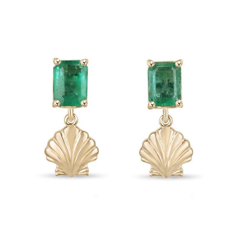 14K gold emerald and ocean sea shell dangle stud earrings with 1.90 carats total weight, featuring Colombian emeralds and sea shell design.