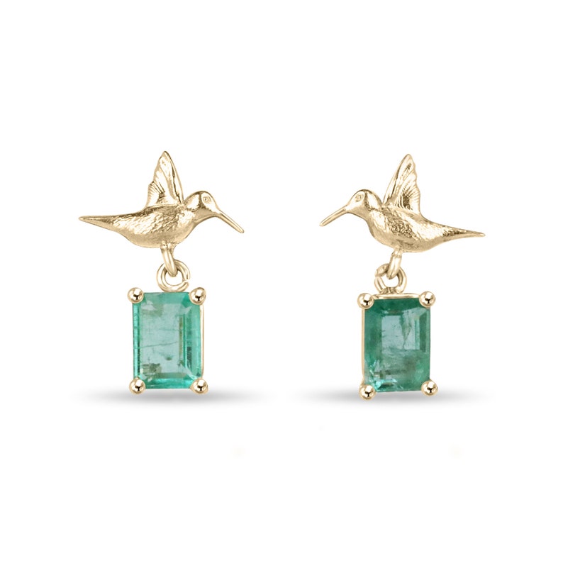 14K gold hummingbird dangle earrings with natural emeralds, featuring 1.90 carats total weight, from Colombian Emerald.