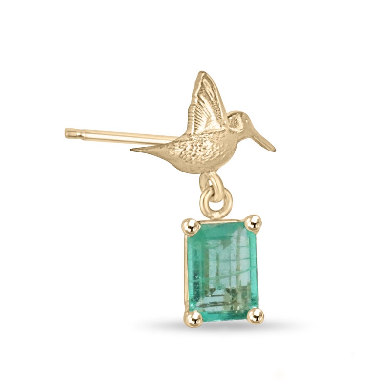 14K gold emerald hummingbird dangle stud earrings with natural Colombian emeralds, featuring intricate bird designs and sparkling gemstones.