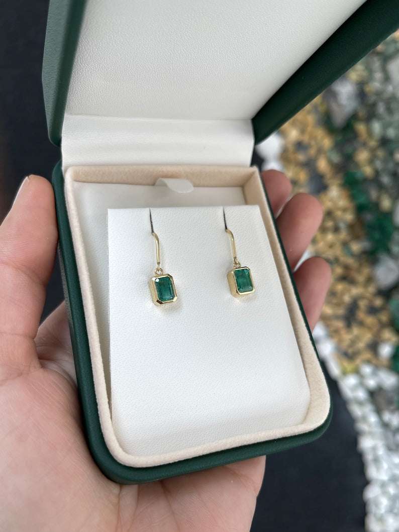 Colombian Emerald 14K gold dangle earrings with emerald cut and ear wire back, 2.20tcw for elegant jewelry style