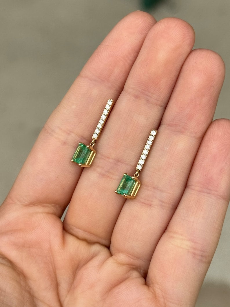 14K gold dangle earrings with natural emerald and pave diamond accents, Colombian Emerald brand jewelry.