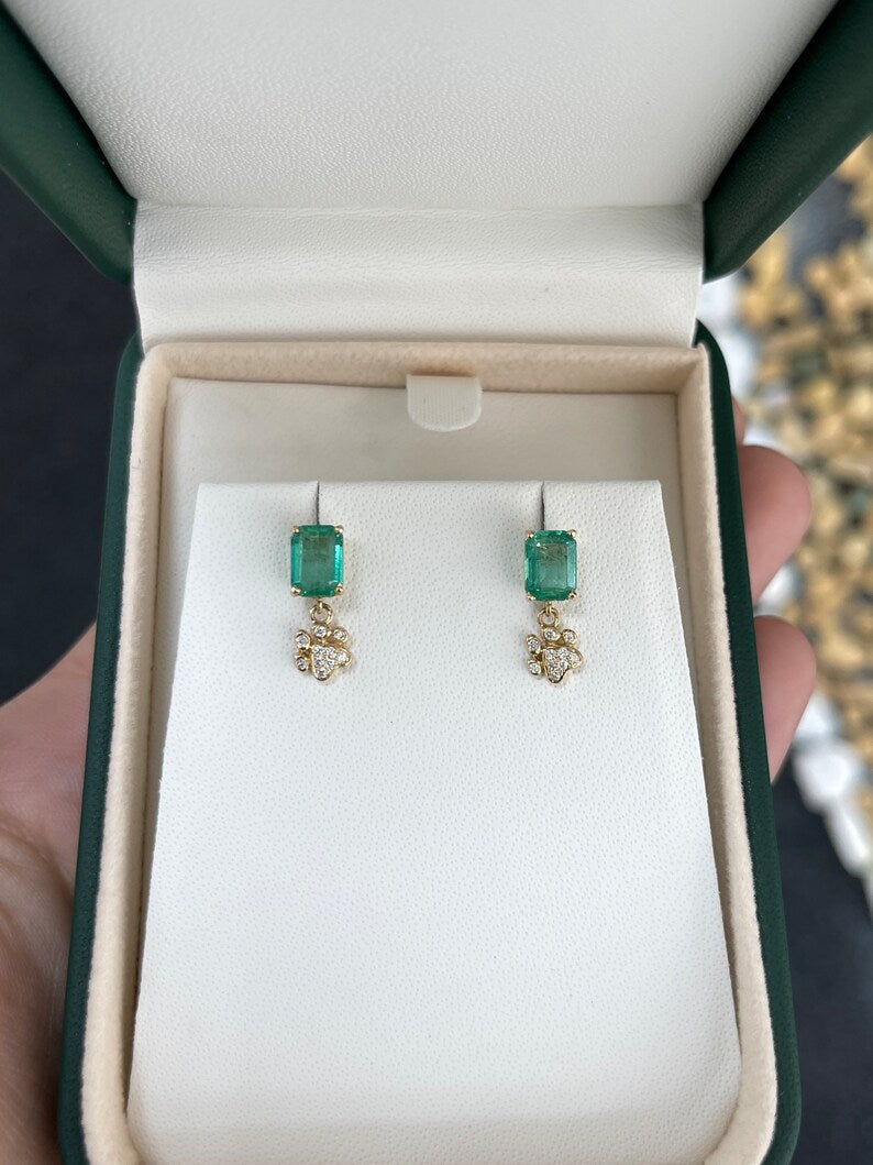 14K gold emerald and diamond dog paw print stud earrings with 2.36 carats total weight, Colombian Emerald brand.
