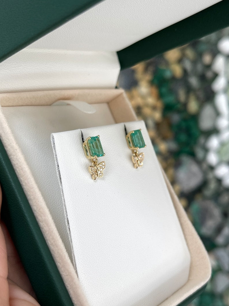 14K gold butterfly dangle earrings with natural emeralds and diamonds, Colombian Emerald brand, sparkling jewelry accessory
