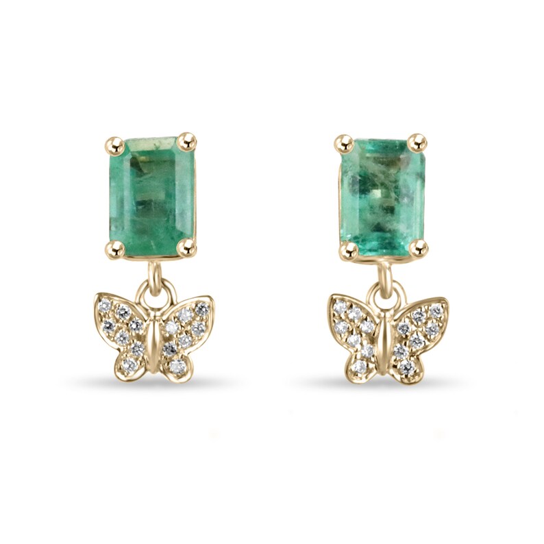 14K gold butterfly dangle earrings with natural emeralds and diamonds, featuring 2.40 tcw from Colombian Emerald.