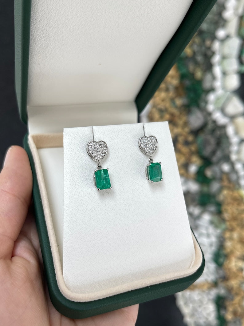 Colombian Emerald and diamond heart cluster dangle earrings in 14K gold with 3.20tcw natural rich medium green emeralds and diamonds