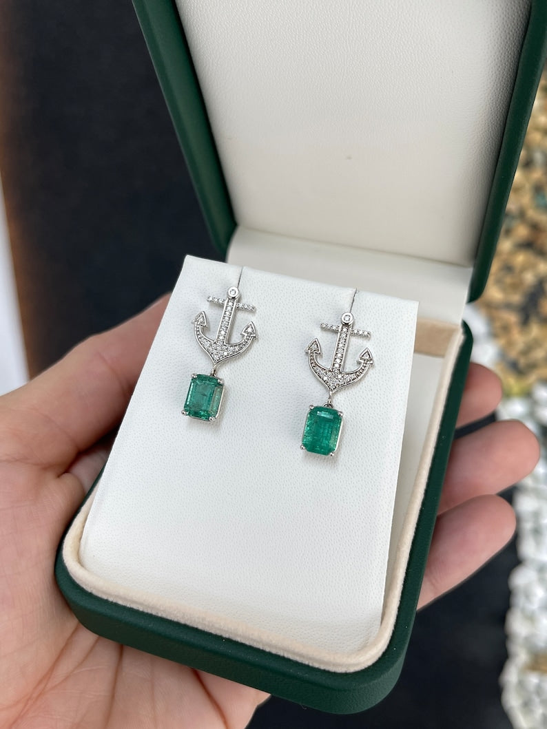 14K gold emerald and diamond anchor dangle earrings featuring lush green emeralds and sparkling diamonds by Colombian Emerald.