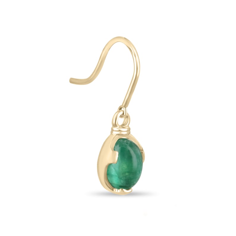Colombian Emerald gold dangle earrings featuring 3.60tcw natural oval cabochon cut emeralds on 14K gold ear wires