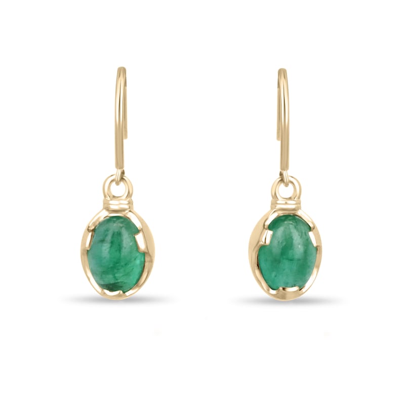 Colombian Emerald 14K gold dangle earrings with oval cabochon cut emeralds and ear wire hooks, showcasing elegant jewelry design.