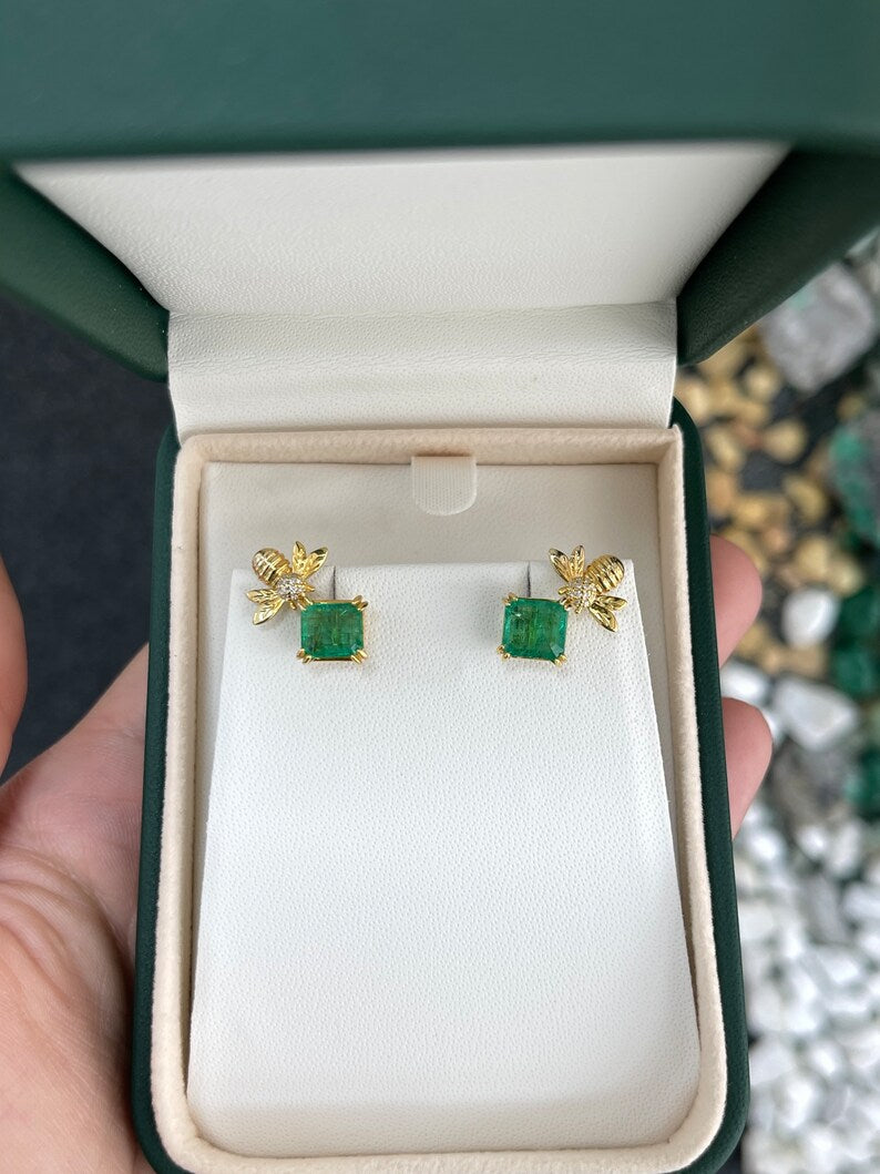 14K gold emerald Asscher cut bee ear climber stud earrings with 3.65tcw from Colombian Emerald, featuring unique design details.