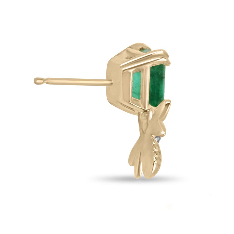 14K gold emerald Asscher cut bee ear climber stud earrings featuring 3.65tcw Colombian emeralds and unique design