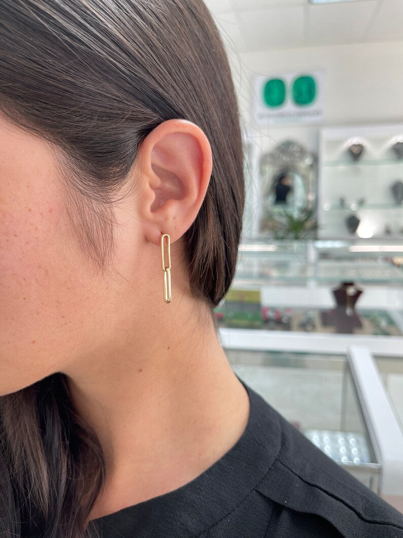 4.0 Grams 14K Yellow White Rose Gold Solid Double Paperclip Dangle Ladies Earrings - JR Colombian Emeralds