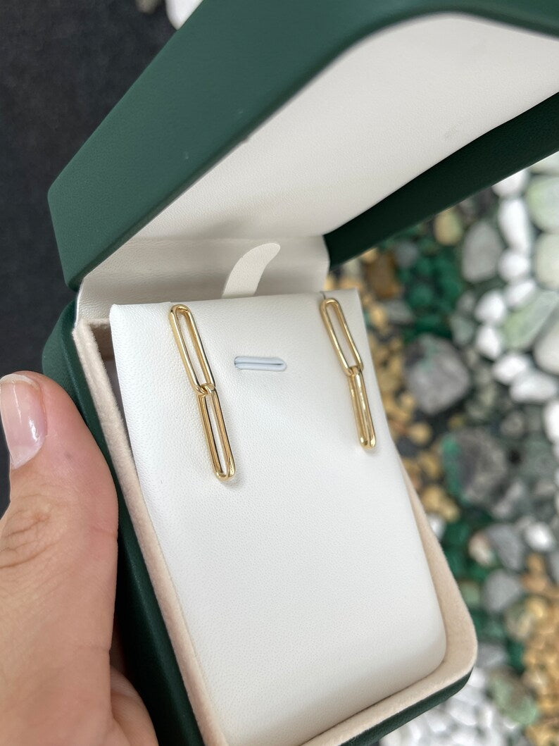 4.0 Grams 14K Yellow White Rose Gold Solid Double Paperclip Dangle Ladies Earrings - JR Colombian Emeralds