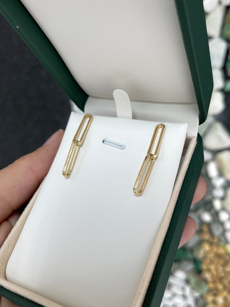 4.0 Grams 14K Yellow White Rose Gold Solid Double Paperclip Dangle Ladies Earrings - JR Colombian Emeralds