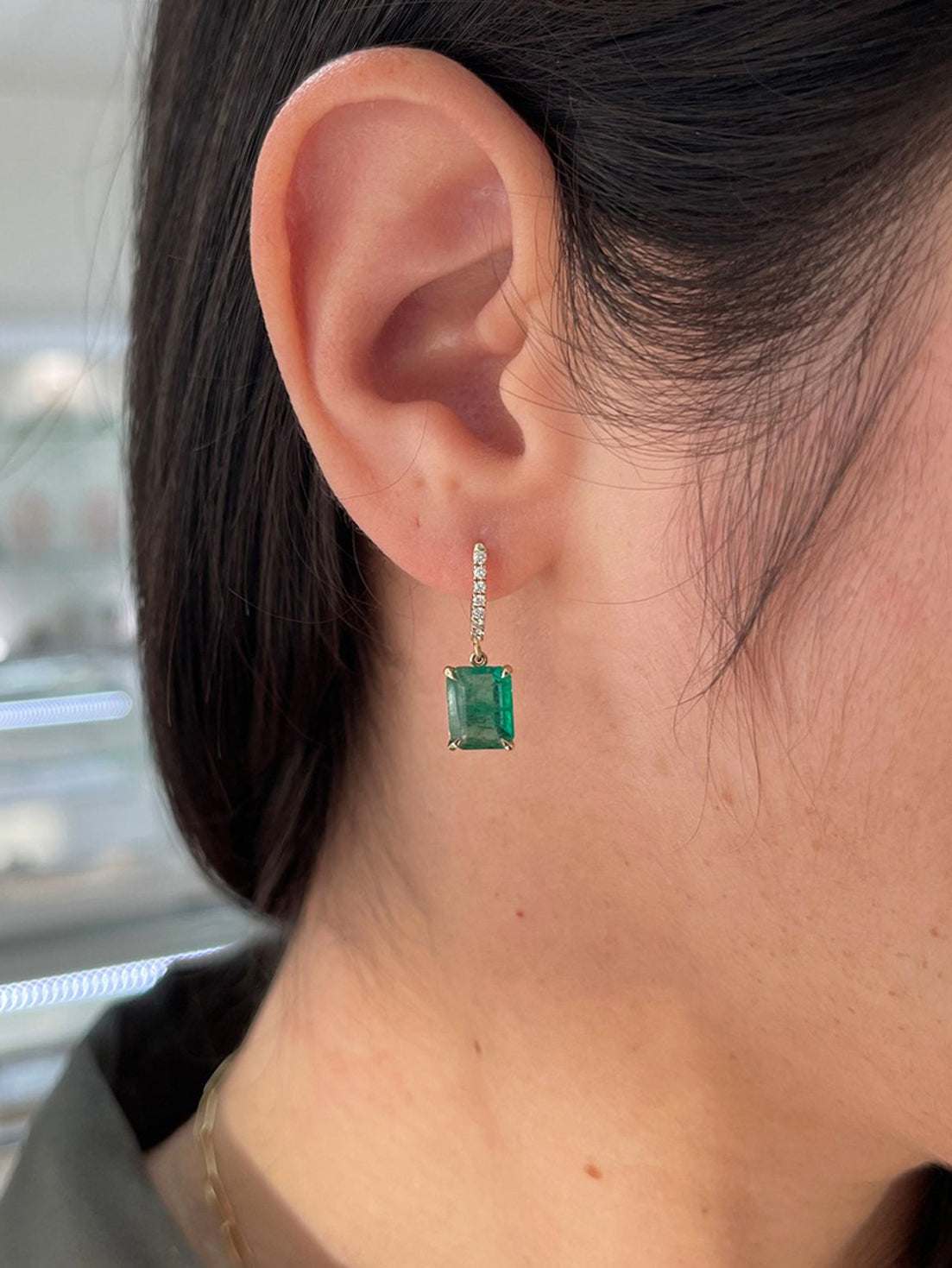 4.40tcw 14K Natural Emerald Cut Emerald & Diamond Accent Knife Edge Huggie Dangle Earrings