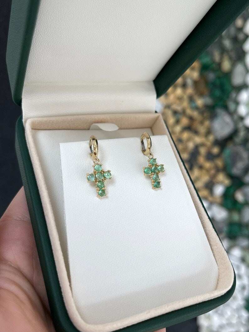 14K natural light green emerald dangle cross earrings with round cabochon cut, featuring Colombian Emerald brand jewelry.