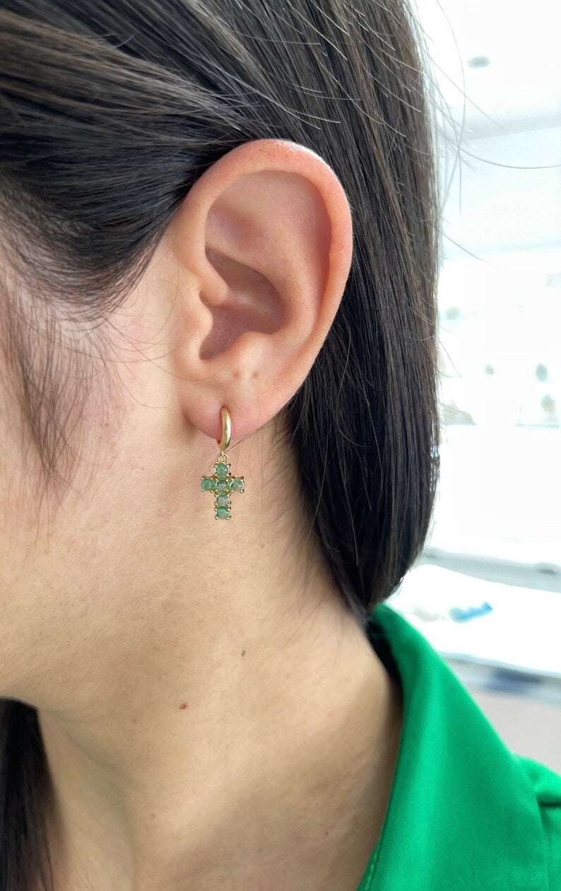 14K Colombian Emerald dangle cross earrings with 1.10tcw round light green emerald cabochon cut, jewelry earrings for women