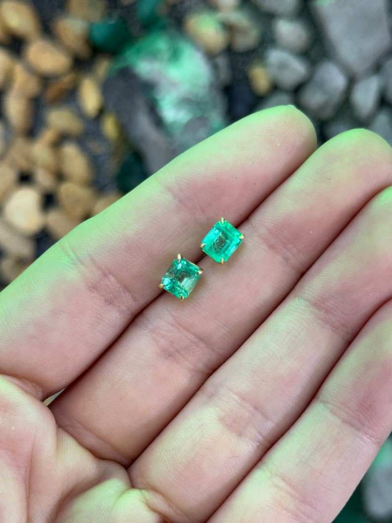 2.21tcw 18K Rich Vivid Green Unisex Emerald Cut Four Claw Prong Stud Earrings - JR Colombian Emeralds