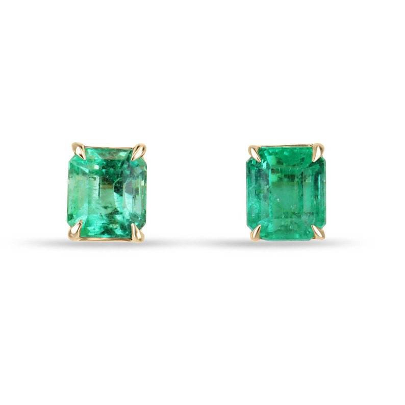 2.21tcw 18K yellow gold emerald cut vivid green emerald stud earrings four claw prong setting unisex