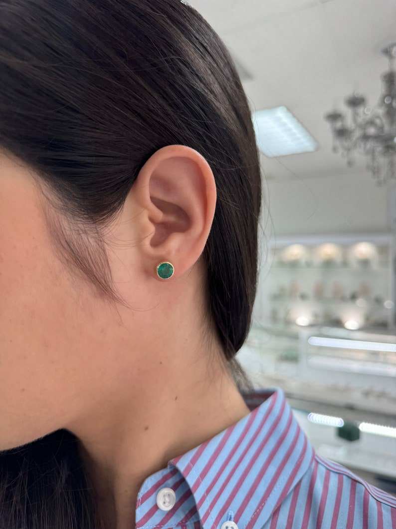 14K natural lush green emerald stud earrings, 7mm round cut, unisex Colombian Emerald jewelry with 2.82tcw gemstone.