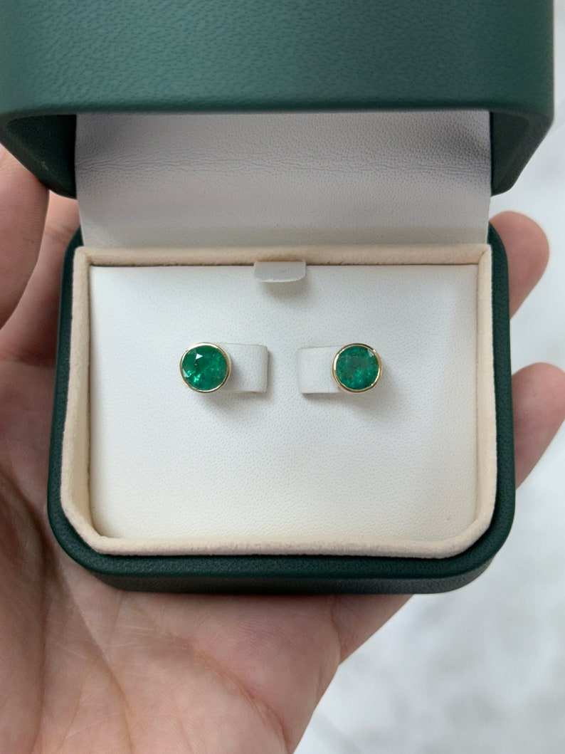 14K natural lush green emerald stud earrings, 7mm round cut, unisex Colombian Emerald jewelry with 2.82 carats total weight.