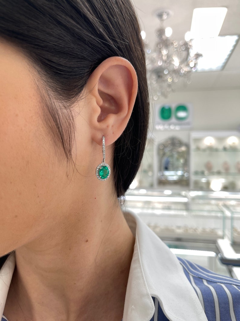 Lab-Created Emerald and Diamond Dangle Earrings in 14K White Gold, 4.04tcw