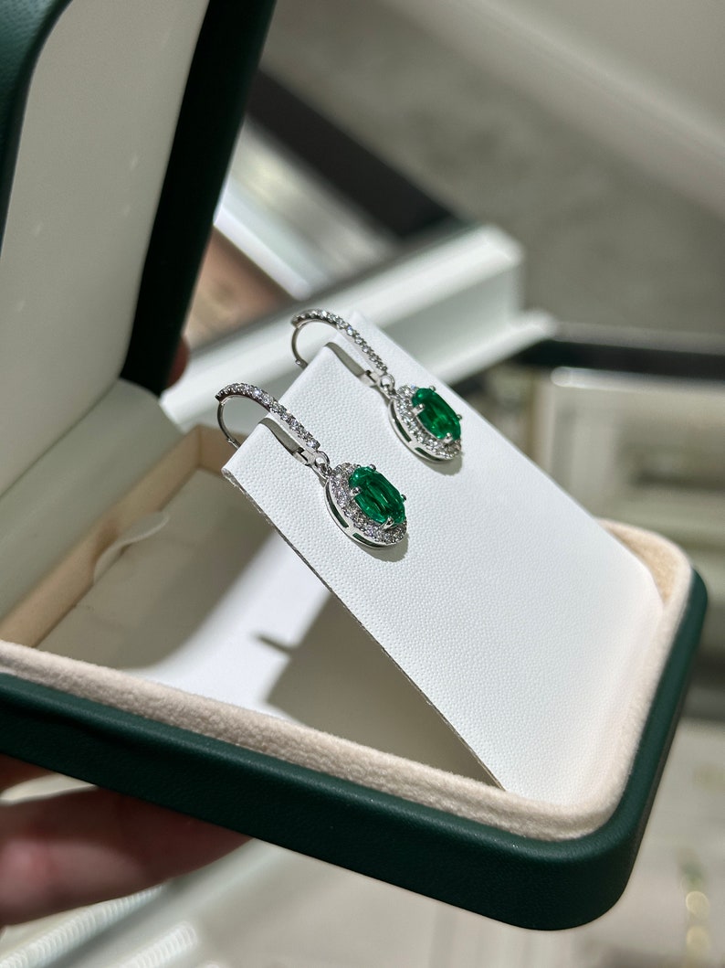 4.04tcw 14K White Gold Emerald & Diamond Dangle Earrings - Lab Created Gems - JR Colombian Emeralds