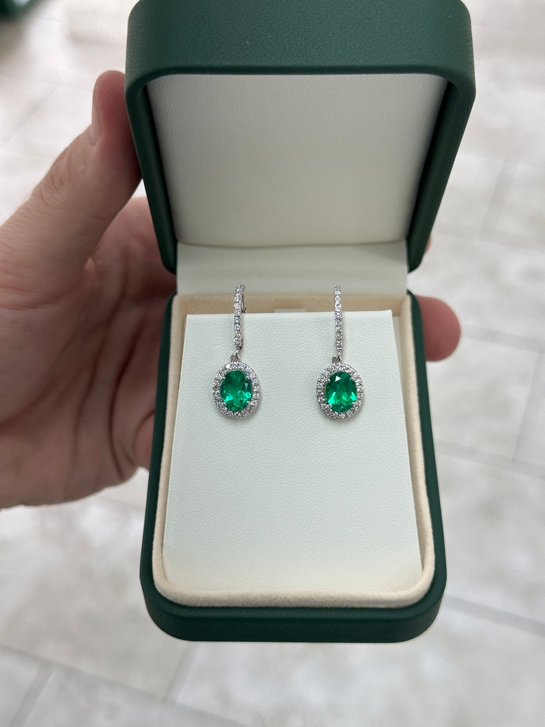Colombian Emerald 14K white gold dangle earrings with lab-created emerald and diamond accents, elegant jewelry for women