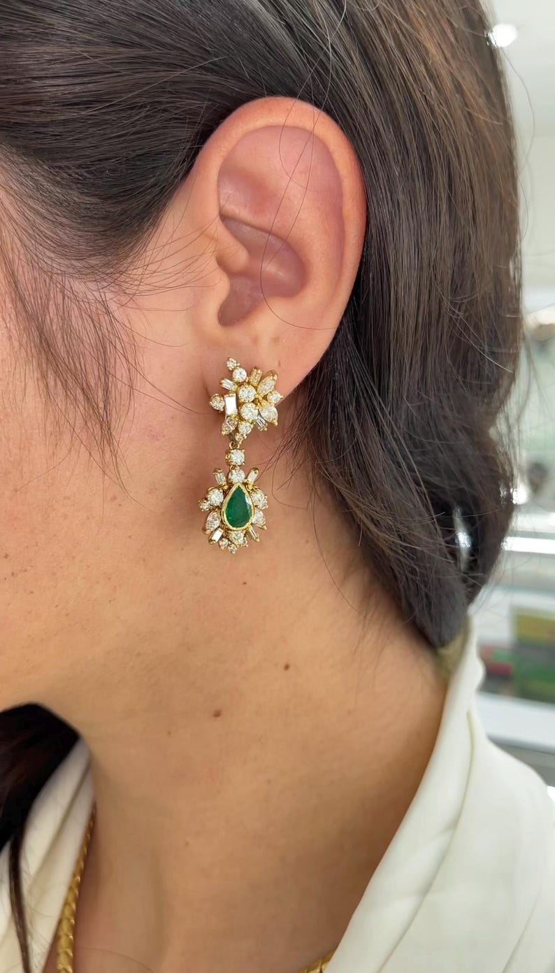 8.0tcw AAA+ Colombian Emerald & Diamond Cluster Dangle Earrings 18K Gold - JR Colombian Emeralds