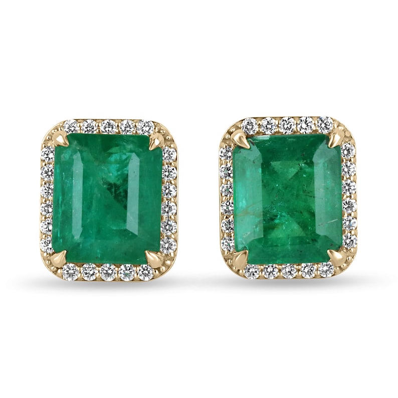 14K gold emerald and diamond halo stud earrings featuring dark green natural emeralds and round diamonds, Colombian Emerald brand
