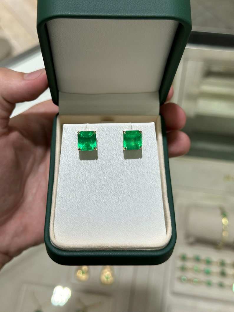 9.28tcw 18K Colombian Emerald & Diamond Stud Earrings, Asscher Cut, Prong Set 750 - JR Colombian Emeralds