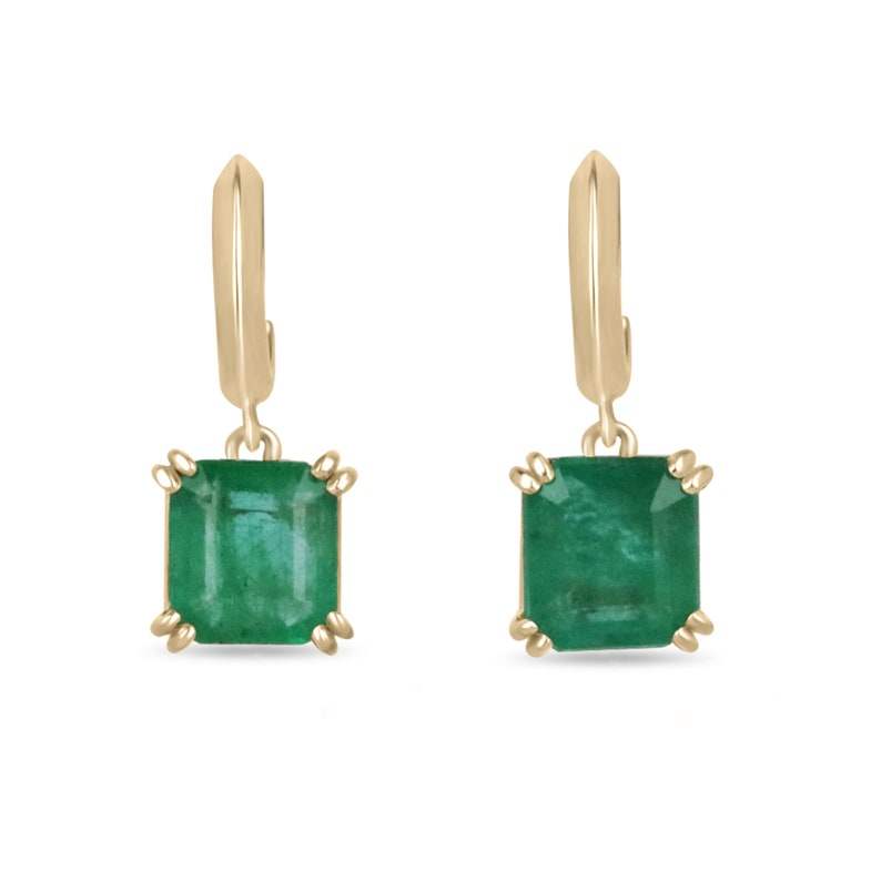 Colombian Emerald 2.80tcw Asscher cut knife-edge huggie dangle earrings in 14K gold featuring natural emerald stones.