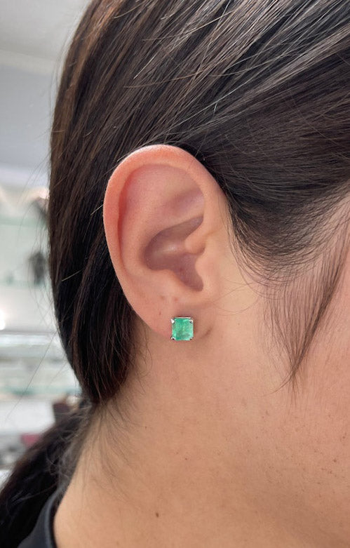 Blue and green Colombian emerald Asscher earrings with 3.58 carats in 14K gold, featuring intricate gemstone settings.