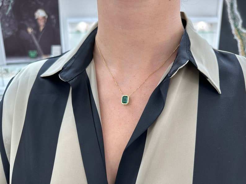 2.50ct 14K Gold Dark Green Emerald Cut Bezel Set MultiFunctional Penda