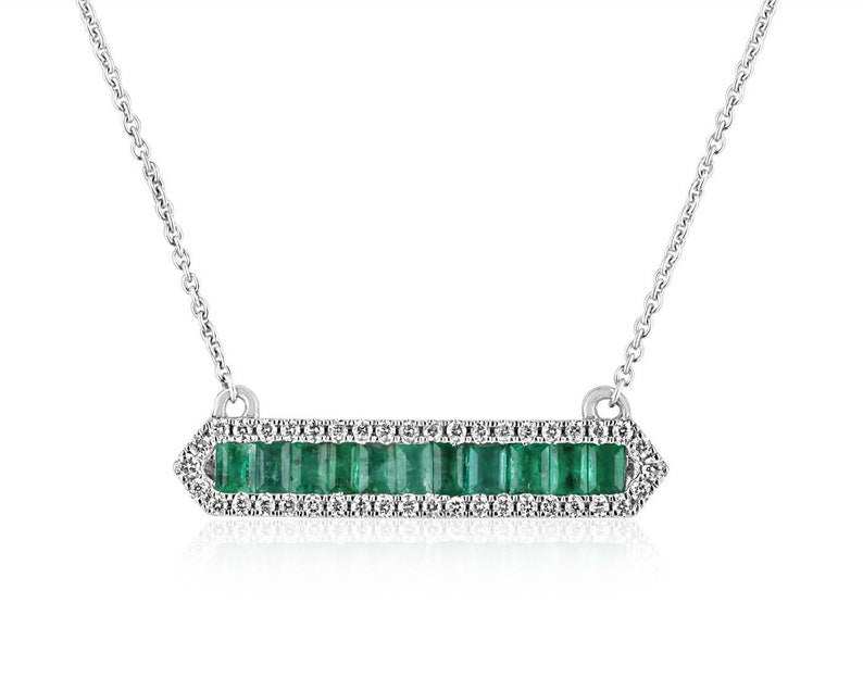 1.02tcw Baguette Emerald Cut & Diamond Halo Bar Necklace 14K White Gol