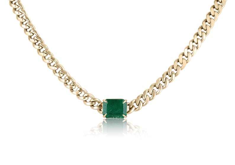 1.90ct 14K gold Cuban link chain necklace with a rich dark green emerald centerpiece