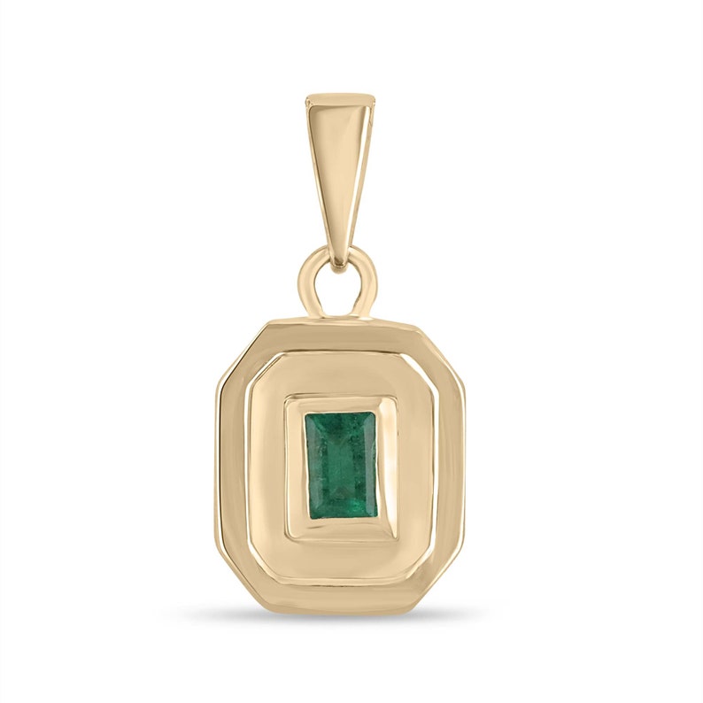 14K gold emerald pendant necklace featuring a lush green natural North to South emerald cut bezel set gemstone.