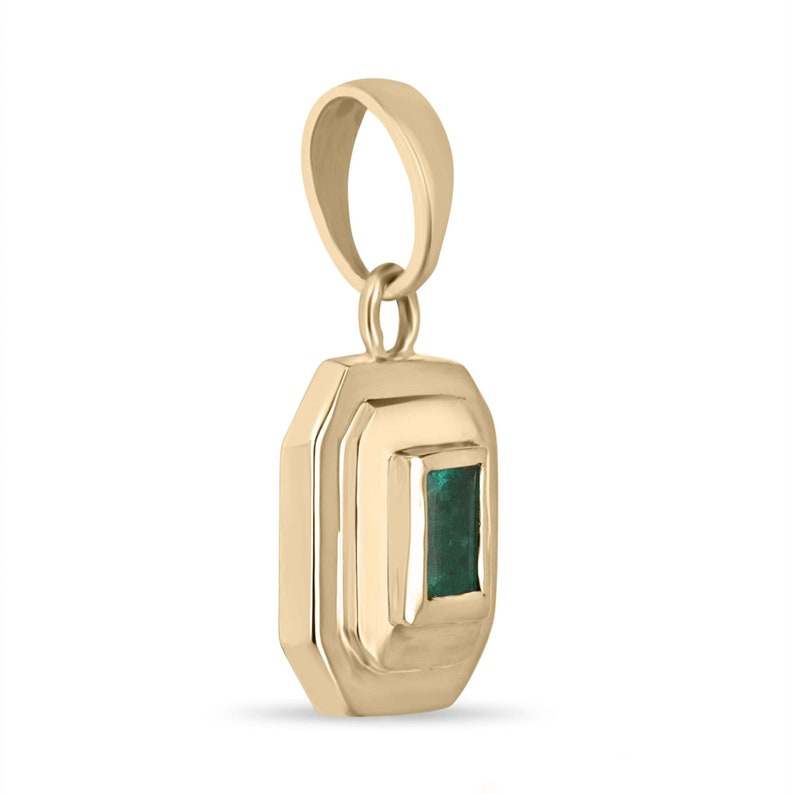 14K gold unisex pendant necklace featuring a 0.40ct lush green natural emerald cut in a bezel setting.