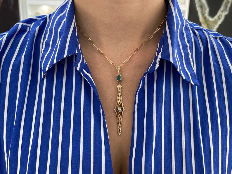 1.48tcw 14K Natural Green Emerald & Diamond Accent Edwardian 1910s Vintage-Inspired Pendant Necklace - JR Colombian Emeralds
