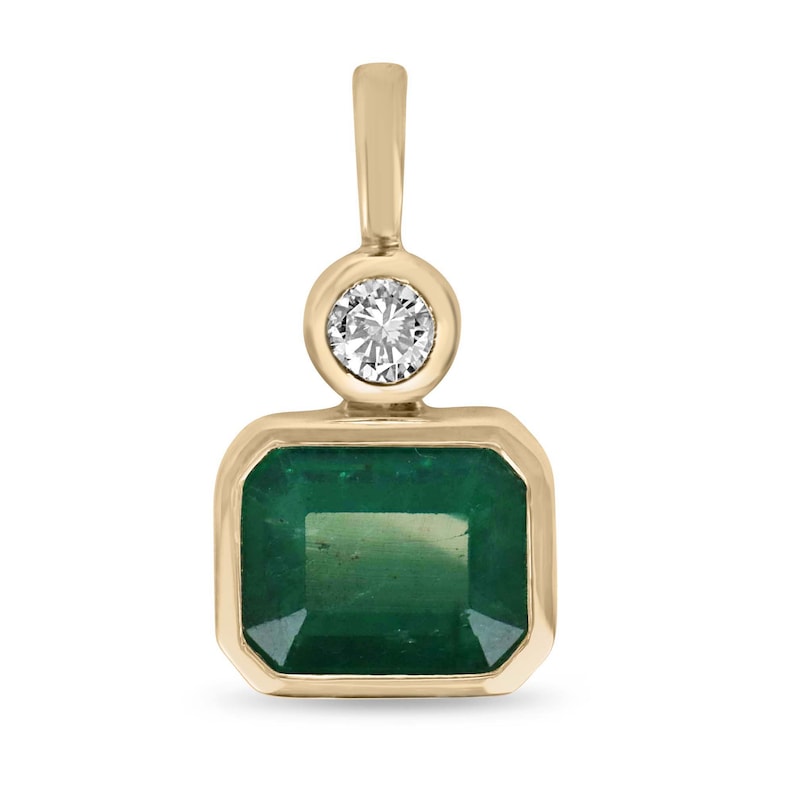 14K Colombian Emerald pendant with 3.60tcw dark green emerald and round cut diamond accents, showcasing elegant jewelry design.