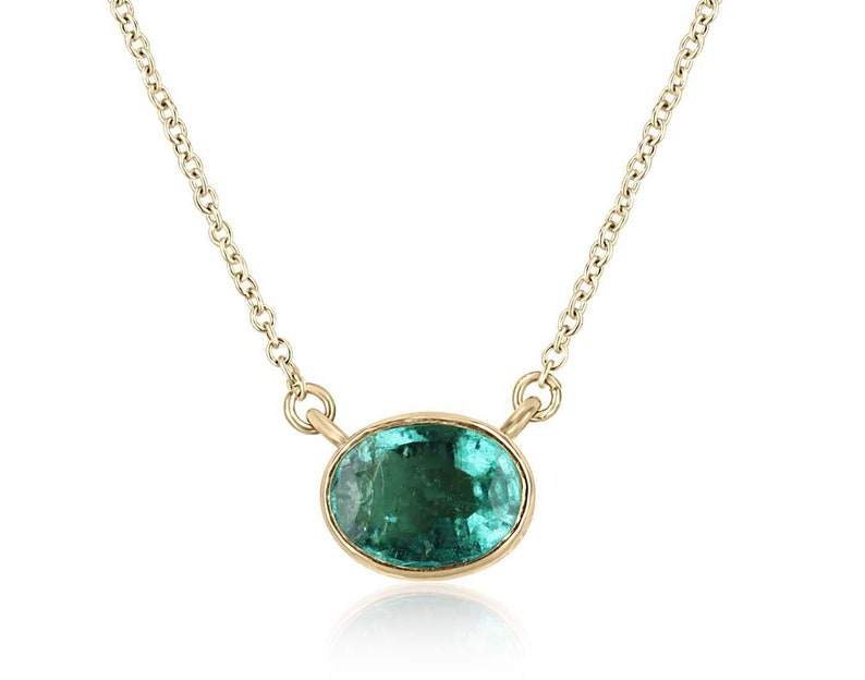 1.30 Carat Medium Green Emerald Oval Cut East to West Pendant Necklace 14K