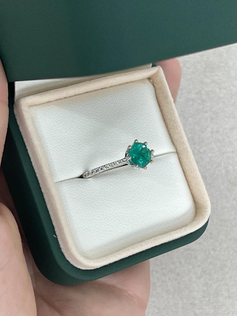 1.25tcw 14K Bluish Green Emerald & Diamond Accent 6 Prong Ring White Gold 585 - JR Colombian Emeralds