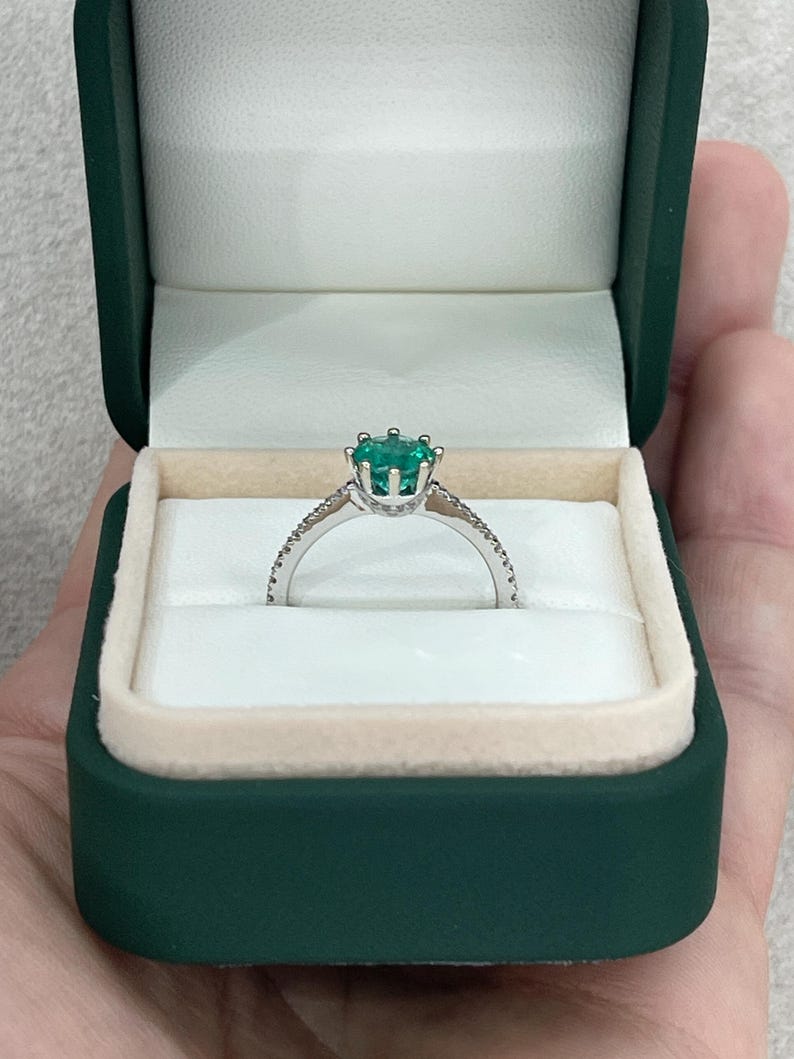 1.25tcw 14K Bluish Green Emerald & Diamond Accent 6 Prong Ring White Gold 585 - JR Colombian Emeralds
