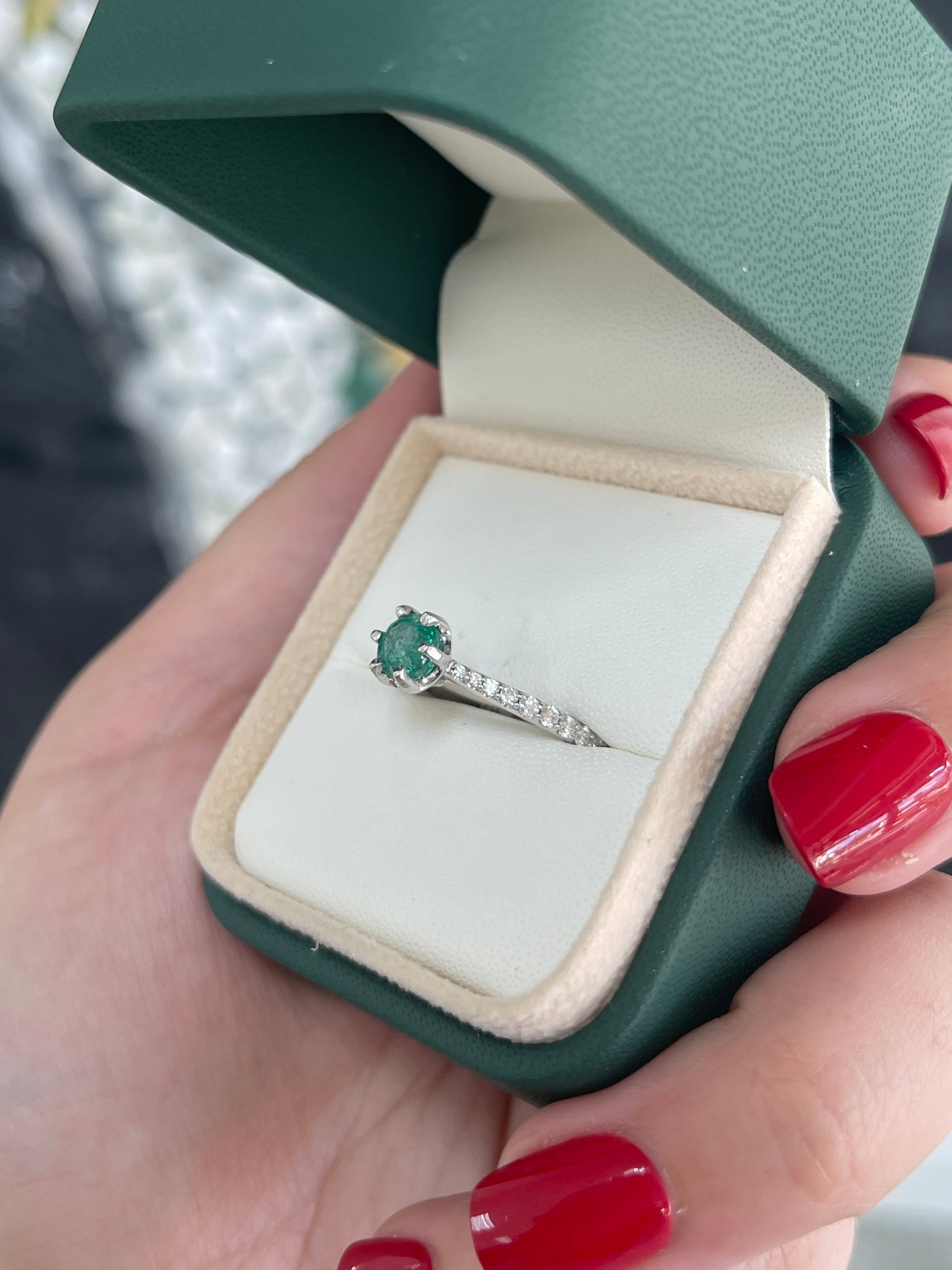1.25tcw 14K Natural Emerald-Round Cut & Diamond Shank 6 Prong Engagement Ring - JR Colombian Emeralds