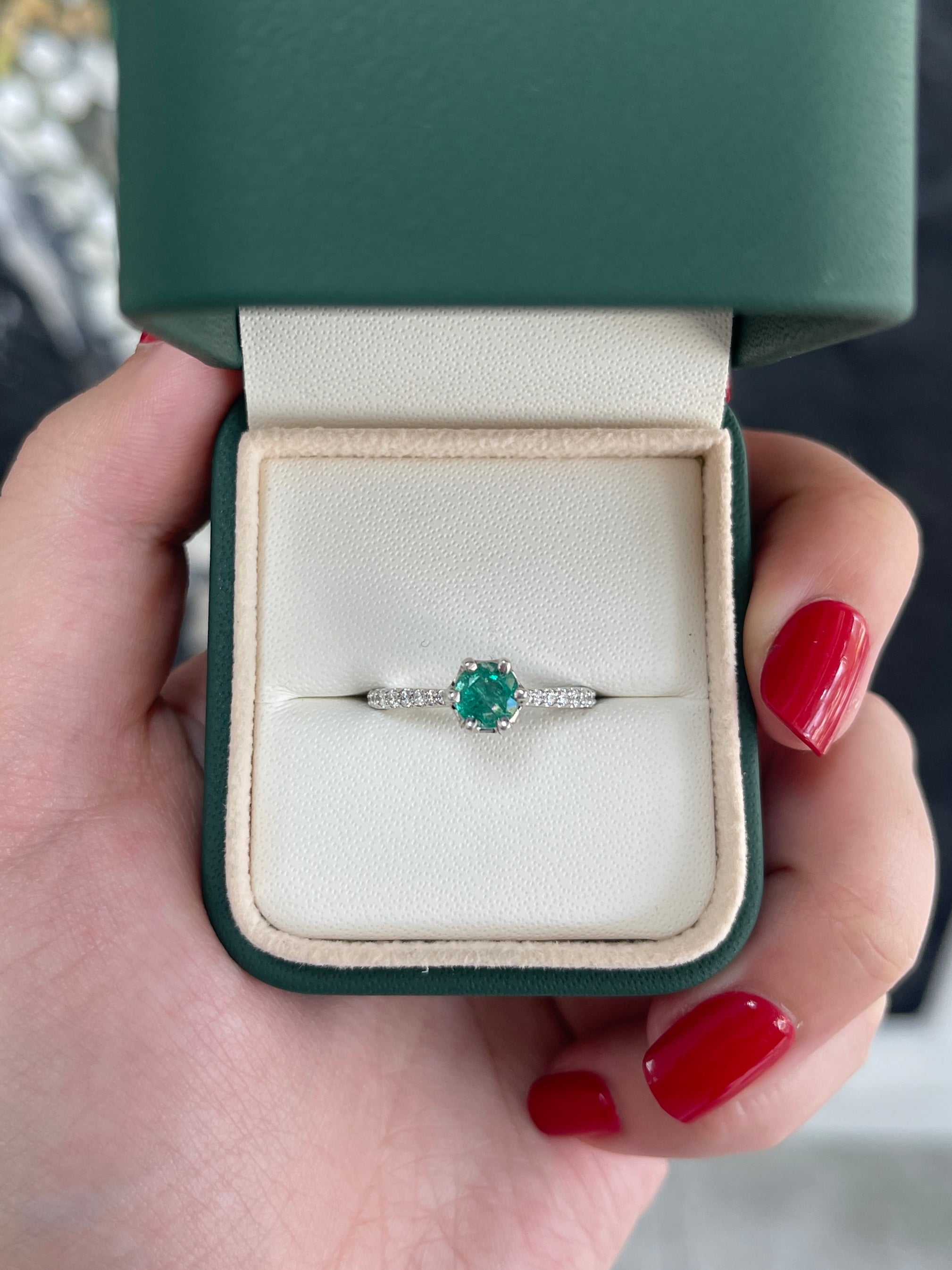 1.25tcw 14K Natural Emerald-Round Cut & Diamond Shank 6 Prong Engagement Ring - JR Colombian Emeralds